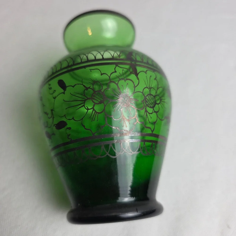 Vintage Venice 1960 Emerald Green Glass Bud Vase Silver Floral Overlay